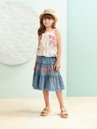 Saia jeans sales bordada com flor