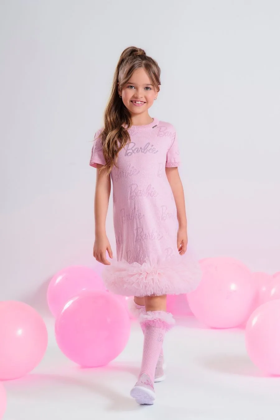 VESTIDO TRICOT JACQUARD BARBIE FRUFRU TULE BARRA - VESTIDO TRICOT